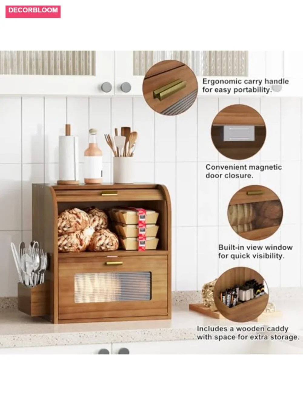 Roll Top Bread Box Vintage Wooden Kitchen Storage With Window